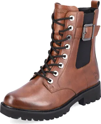 A single brown leather boot with black laces and a black sole, isolated on a white background.