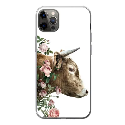 Produktbild von MuchoWow® Handyhülle Schutzhülle Hülle für iPhone 12 Pro Max Schottischer Highlander - Kuh - Blumen Silikon Softcase Handy Hülle - Hartschale