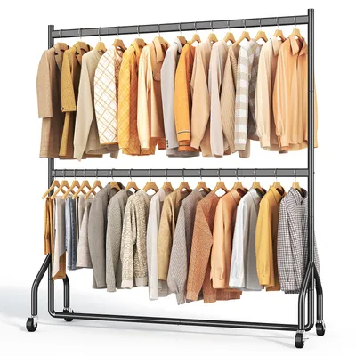 Produktbild von HOKEEPER Schwerlast Kleiderständer auf Rollen,Kleiderstange Doppelt Metall für Hängende Fahrbarer Klamotten Closet Garderobe Rack, 152x46x220cm