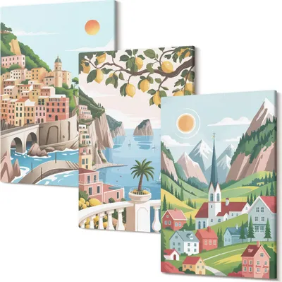 Produktbild von Leinwandbilder – Wandbilder – Leinwandbild – Canvas Bild – Polycanvas – Kunstdruck –  – Modern – Aufhängefertig – Mehrteilig – 3-Teilig – 40x60 Cm Pro Bild - Malerische Landschaften mit Meer und Zitrusfrüchten