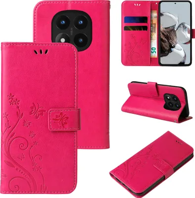A collage of images showing a pink floral and butterfly patterned flip phone case for a Xiaomi Redmi Note 14 Pro 5G / 14 Pro+ 5G.