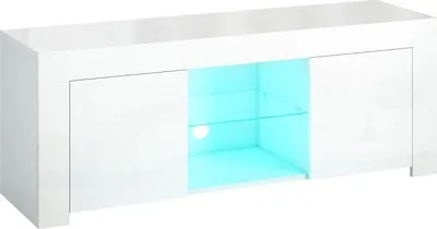 Obrázek produktu pro Fortuna Lai TV skříňka s LED osvětlením, 2 dvířky, skleněná police, otvory pro kabely, do obývacího pokoje, dřevotříska, bílá