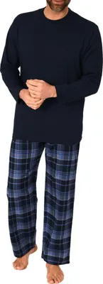 Produktbild von Herren Schlafanzug lang, Pyjama mit karierter Flanell-Hose ; marine , 54