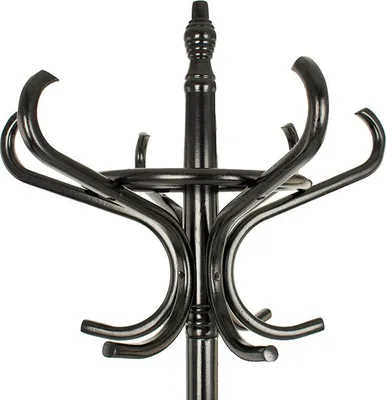 A black coat rack with multiple hooks.