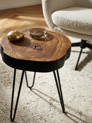 Produktbild von Massivholz Sheesham Beistelltisch BAGLI 35 x 35 cm Wohnzimmertisch Massiv Anstelltisch Holztisch Echtholz Baumkante