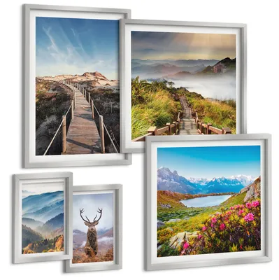 Produktbild von Bilder Set 5-teilig im silbergerahmten Rahmen – Wandbilder 5 Stück – gerahmte Poster für Wohnzimmer, Schlafzimmer und Flur – 50x50 cm - 40x60 cm – Berglandschaft, See, Hirsche