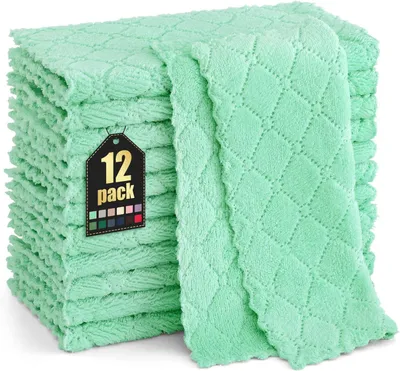 Productafbeelding van Microvezeldoeken 12 Stuks, Wasbaar, Lintvrij, 25x25 cm, Groene Keukenhanddoeken voor Reiniging