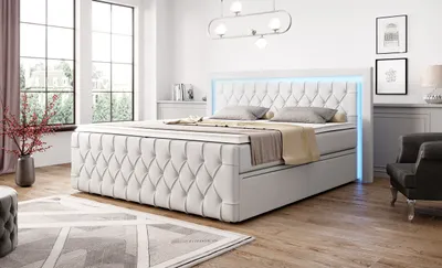 Produktbild von Moebelfest Boxspringbett 180x200 cm mit Bunt LED-Beleuchtung: Polsterbett mit 2 Schubladen, Taschenfederkernmatratze 7 Zonen und Topper (London in Weiß)