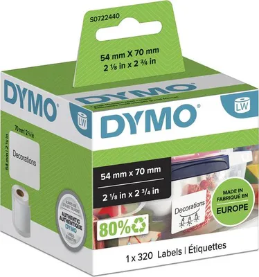Produktbild von DYMO Original LabelWriter Mehrzwecketiketten | 54 mm x 70 mm | Rolle mit 320 leicht ablösbaren Etiketten | selbstklebend | für LabelWriter Etikettendrucker und Beschriftungsgerät, Weiß, Selbstklebendes Druckeretikett, Papier, Permanent, LabelWriter, 5,4 cm