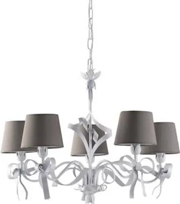 Immagine prodotto di Lucy - Lampadario in ferro laccato bianco con decoraz. effetto shabby chic e paralumi d. 16 in pvc tortora 5 luci 113 - Ø70 - BL184-5-BCO