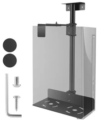Obrázok produktu pre Držiak na počítač pod stôl – kovový držiak na procesor – nosnosť do 35 kg – výškovo nastaviteľný (50–53 cm) – šírka 13,5–22,5 cm – čierna farba