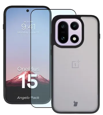 Produktbild von Schutzhülle + gehärtetem Glas für OnePlus 15, Bizon Angelo Pack, Getönte mit schwarzem Rahmen
