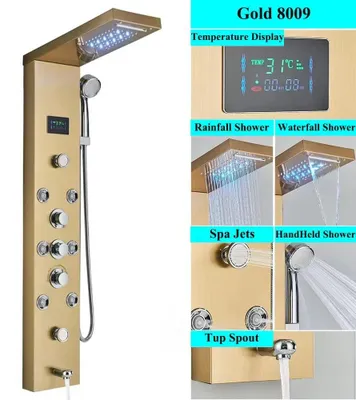 Produktbild von Duschpaneel - Modell 8009 - 304 Edelstahl - LED - Digitales Temperaturdisplay - Körpermassage-Düsen - Einhebelmischer Warm/Kalt - Gebürstet - Gold