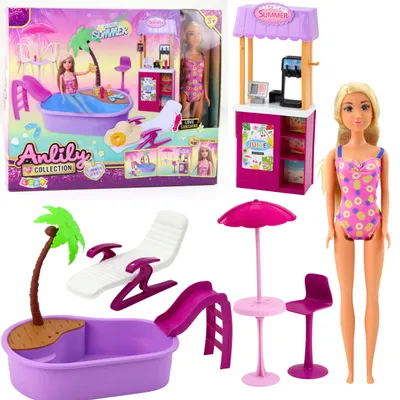 Productafbeelding van Anlily-poppenset op het strand met palmboom-drankstandaard bij het zwembad en accessoires