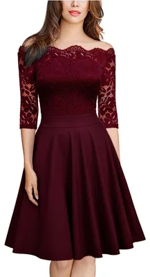 Produktbild von Solidchoice – Vintage-Kleid mit Schulterfrei-Ausschnitt und Rüschen, in Weinrot, ideal für festliche Anlässe und Cocktailpartys