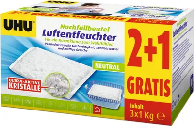 The image shows the packaging of UHU air dehumidifier refill bags.
