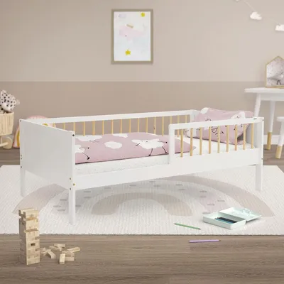 Image de Lit pour enfant - Lit en bois - Sommeil sûr - Avec barrières de sécurité - 80 x 160 cm - Blanc naturel