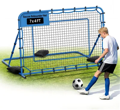 Zdjęcie produktu dla VEVOR, odbijacz do piłki nożnej, 210 x 115 cm, siatka odbijająca do kontroli piłki i treningu podań, urządzenie do treningu piłki nożnej z metalową ramą i siatką PE, odbijacz dla młodzieży i dorosłych, kolor niebieski