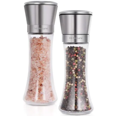Produktbild von HI NATURE™ Salz- und Pfeffermühlen Set - Manuelle Pfeffermühle & Salzmühle mit einstellbarem Keramikmahlwerk, Edelstahl & Glas, 2er Set Gewürzmühle für Salz, Pfeffer & Gewürze, verstellbare Körnung