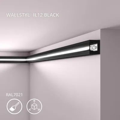 A black LED light strip installed in the corner of a room, illuminating the ceiling and walls.