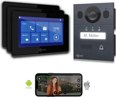 Produktbild von Goliath Basic Line 2-Draht Video Türsprechanlage Schwarz/Anthrazit : Aufputzdose : 3 Monitore Türklingel Montagedose: Aufputzdose Monitor Anzahl: 3 Monitore