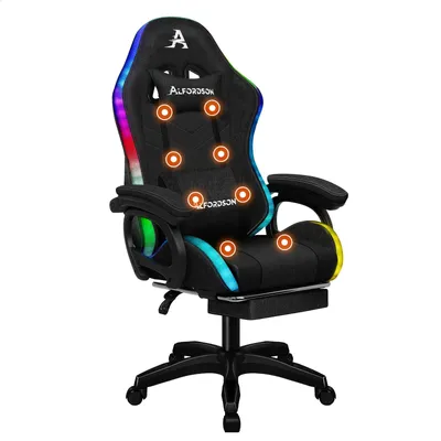 A black gaming chair with RGB lighting, featuring an integrated footrest and orange circles indicating massage points.