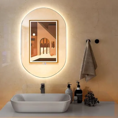 Zdjęcie produktu dla Lustro do łazienki, owalne, 80x50 cm - z możliwością regulacji intensywności oświetlenia LED i funkcją zapobiegającą parowaniu