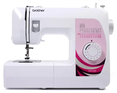 A white Brother sewing machine with pink accents is shown against a white background.