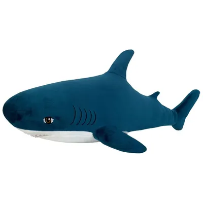 A plush toy shark is shown against a white background.