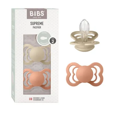 Produktbild von BIBS Supreme Schnuller 2er-Pack, BPA-frei, Symmetrischer Nippel. Silikon, Hergestellt in Dänemark. Größe 2 (6-18 Monate), Vanilla / Peach