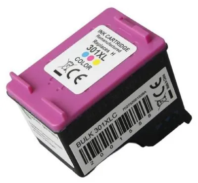 A close-up, angled shot of a remanufactured HP 301XL color ink cartridge, isolated on a white background.