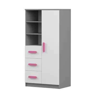 Produktbild von Kinder-Bücherregal Jonas 05 – 80 cm, Grau/Weiß mit Rosa Griffen, 3 Schubladen & 1 Tür