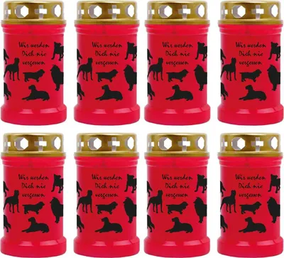 Produktbild von Grabkerze Rot 8er Pack, Brenndauer: 40 Stunden ( je Kerze ), Motiv: Hunde
