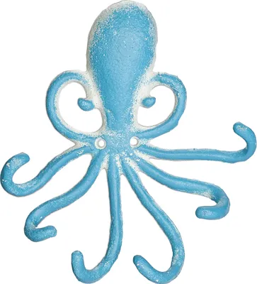 Image de Crochet mural Relaxdays « Octopus », 6 crochets, fonte, dimensions 16,5 x 15,5 x 4 cm, crochet en forme de clé ancienne, bleu clair/blanc