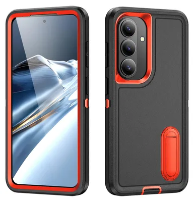 Produktbild von Hülle für Samsung Galaxy S26 Hybrid Dreilagige Robust Stoßfest Schwerlast Schutzhülle mit Ständer Schwarz Orange