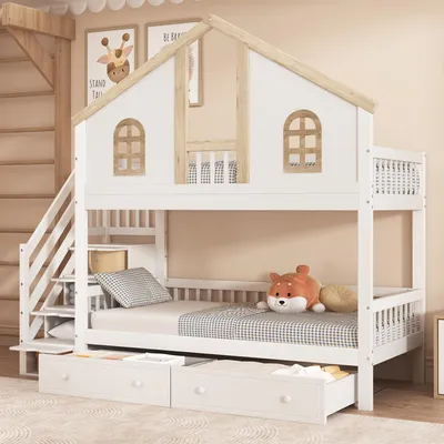 Produktbild von Merax Etagenbett 90x200 cm im Hausstil mit Treppe, Kinderbett Stockbett mit 2 Schubladen, Schutzumrandung und Fensterelementen, Weiß(ohne Matratze)
