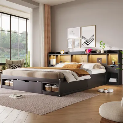 Produktbild von Flieks Jugendbett Doppelbett 180x200cm mit Schubladen und Staufächern, Holzbett Klassisches Bett mit Led und Ladefunktion, Stauraumbett Schwarz