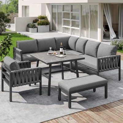 Produktbild von Gartenmöbelset, Baumwolltuch Gartenmöbelset mit galvanisiertem Stahlfachwerk, verstellbare Füße, Eckbank, hartem Glas-Tischtopf, inklusive allen Sitz- und Rückenkissen, grau