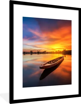 Produktbild von MuchoWow® Gerahmtes Poster Boot - Wasser - Sonnenuntergang - Orange - Wasser 60x80 cm - Poster mit Schwarzem Bilderrahmen Wandposter Rahmen Foto Bilder - Wohnzimmer - Dekorationen - Prämie