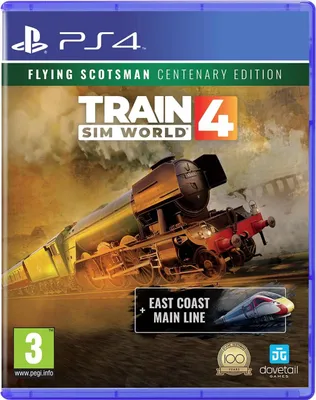 The image shows the front cover of a PlayStation 4 game case for Train Sim World 4: Flying Scotsman Centenary Edition.