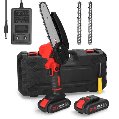 Obrázok produktu pre Mini reťazová píla, 6" 21V elektrická reťazová píla s 2x batériou 2x reťaz 1x vodiaca doska a 1x úložný box, prenosná ručná akumulátorová reťazová píla