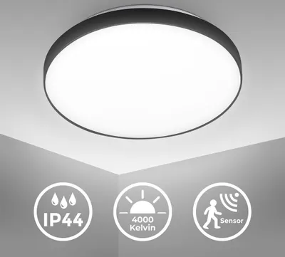 Obrázek produktu pro Venkovní stropní svítidlo LED kulaté s detektorem pohybu - 29x6cm - stropní svítidlo se soumrakovým senzorem IP44 terasa koupelna 16W 1500lm 4000K neutrální bílé světlo | černá