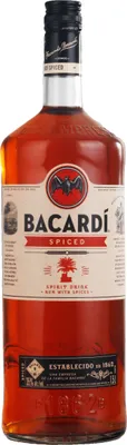 A bottle of Bacardi Spiced rum against a white background.