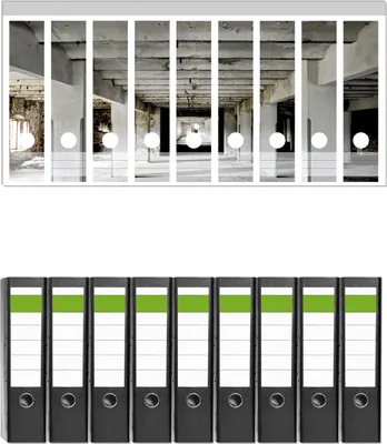 Produktbild von Wallario 9 Stück breite Ordner inkl. Klebeetiketten mit Motive Alte Industriehalle - einsame Lagerhalle einer Brauerei -  Set mit Rückenschildern / Ordnerrücken Stickern