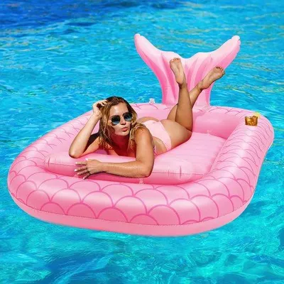 Zdjęcie produktu dla Uniqoos® Nadmuchiwana leżanka w kształcie syreny do basenu, z uchwytem na napoje, wykonana z PVC, wymiary: 185 x 125 x 25 cm, z możliwością odpinania poduszek, przeznaczona dla dorosłych