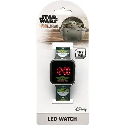 A Star Wars Mandalorian LED watch is displayed in its retail packaging.