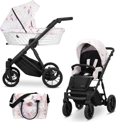 Obrázek produktu pro IVENTO kočárek kočárek dětský kočárek autosedačka kompletní set kočárek set 2 v 1 (Delicate Flowers, barva rámu: černá)