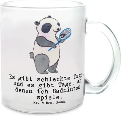 Produktbild von Mr. & Mrs. Panda Tee Tasse Panda Badminton  - Transparent - Geschenk, Teeglas, Teetasse aus Glas, Pott, Trinkglas, spielen