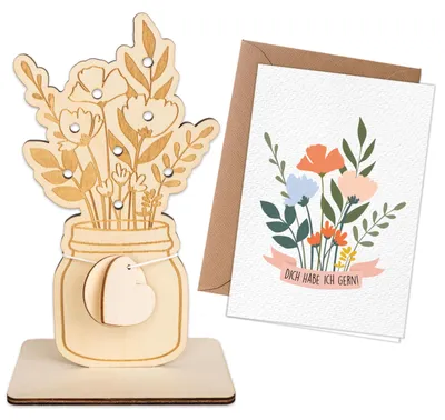 Holz Blumenvasen-Set mit Postkarte, 12,5x7,5x20,7 cm, 100 g
