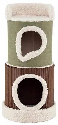 Immagine prodotto di COSTWAY Tiragraffi a forma di botte, Ø 41 cm, altezza 85 cm, con 2 cucce, cuscino e superficie di riposo lavabili, tiragraffi per gatti fino a 10 kg, verde+marrone